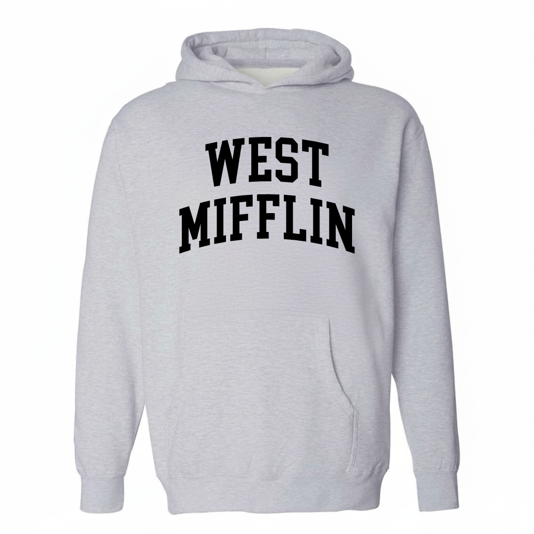 Heather-gray hoodie with the West Mifflin varsity arched lettering design on the chest.