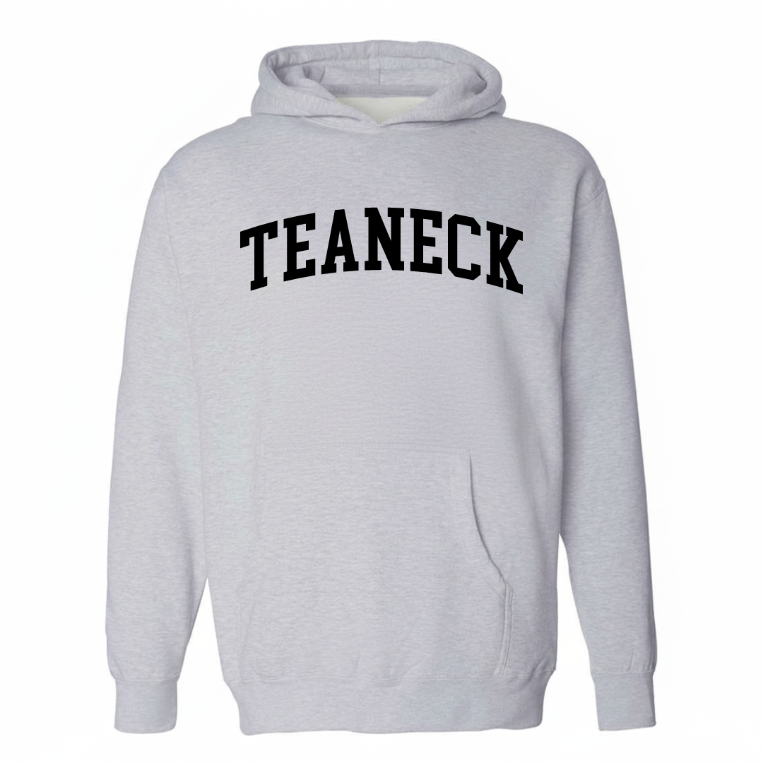 Heather-gray hoodie with the Teaneck varsity arched lettering design on the chest.
