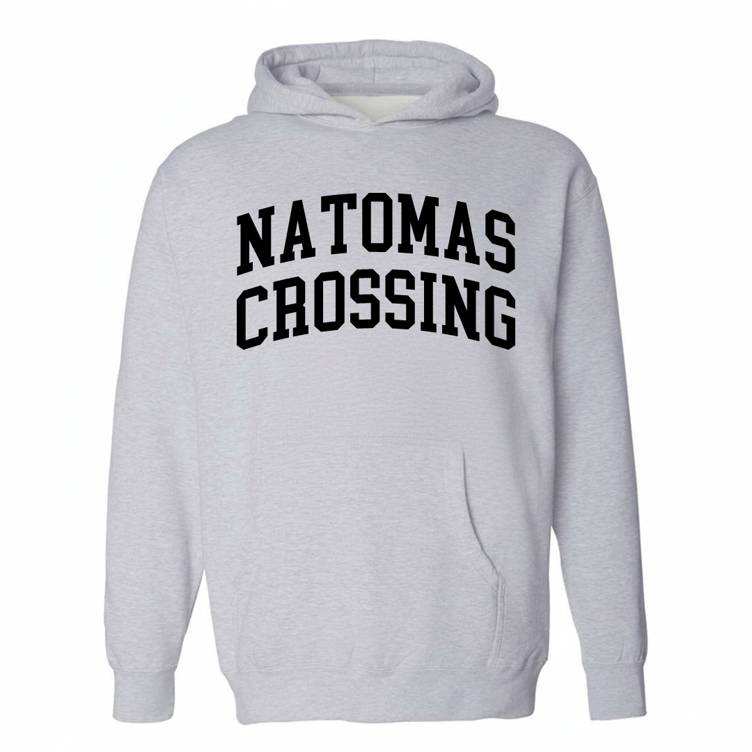 Heather-gray hoodie with the Natomas Crossing varsity arched lettering design on the chest.