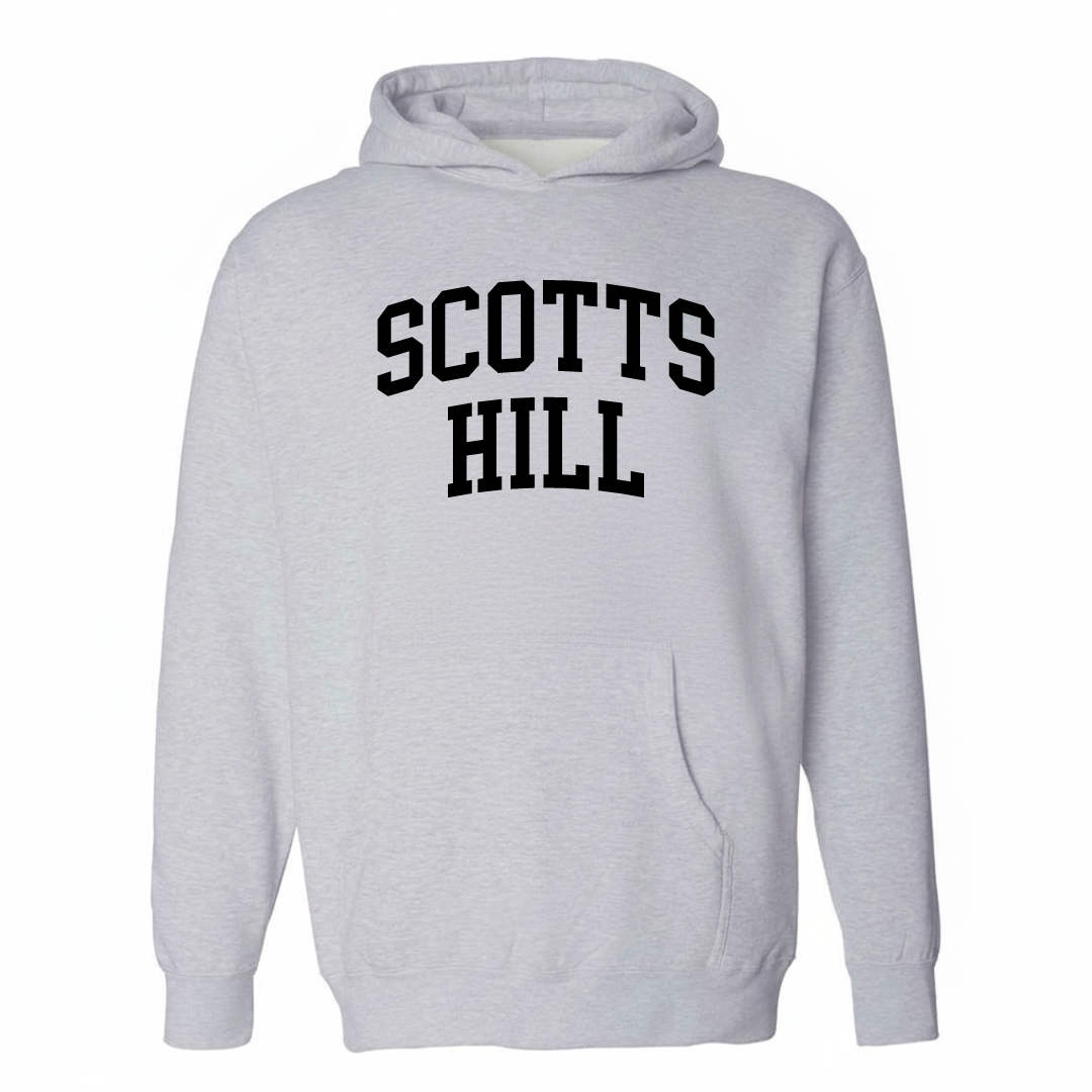 Heather-gray hoodie with the Scotts Hill varsity arched lettering design on the chest.