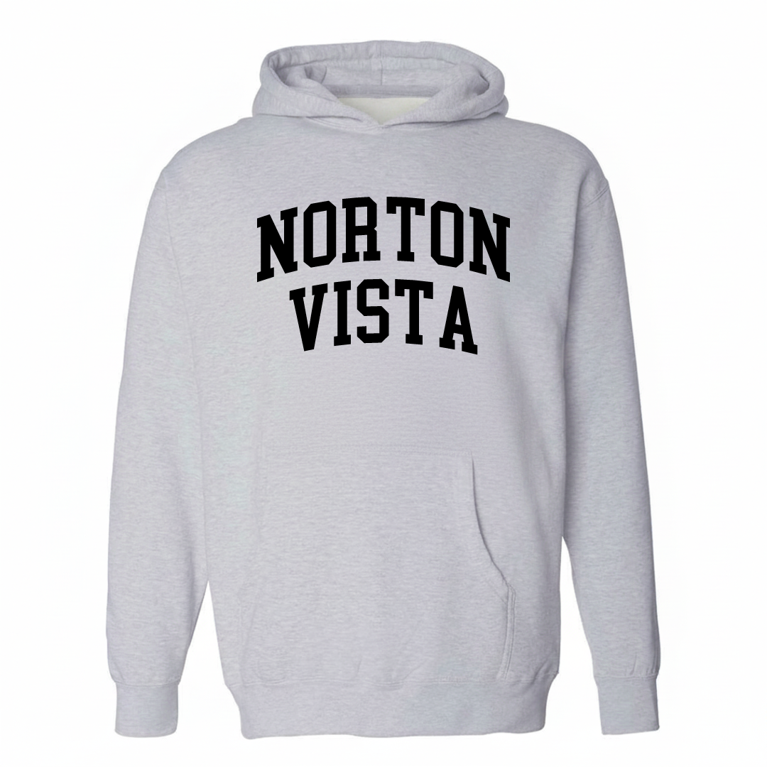 Heather-gray hoodie with the Norton Vista varsity arched lettering design on the chest.