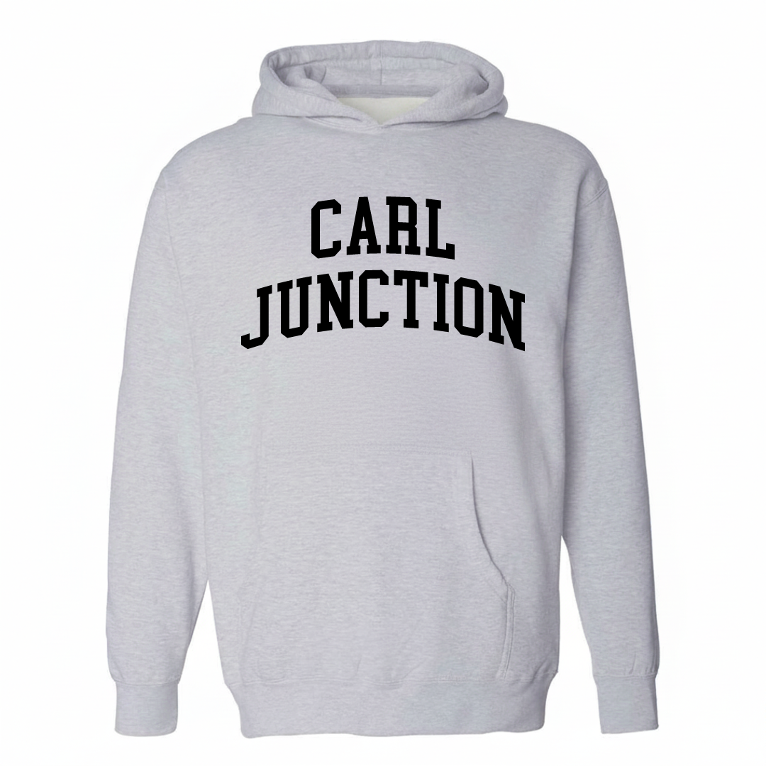 Heather-gray hoodie with the Carl Junction arched lettering varsity-collegiate design on the chest.