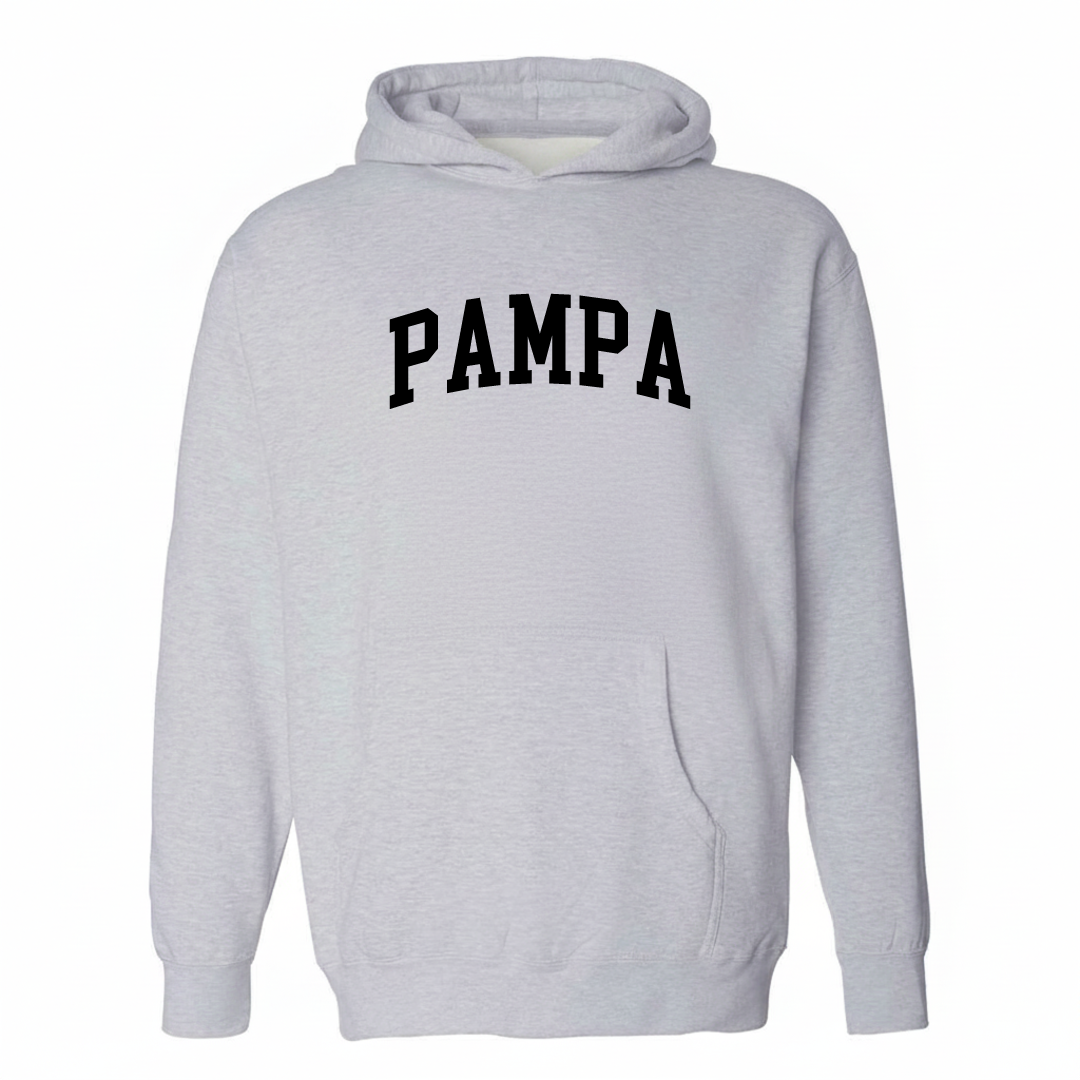 Heather-gray hoodie with the Pampa arched varsity lettering design on the chest.