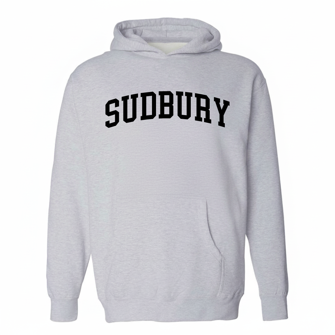 Heather-gray hoodie with the Sudbury arched lettering varsity-collegiate design on the chest.