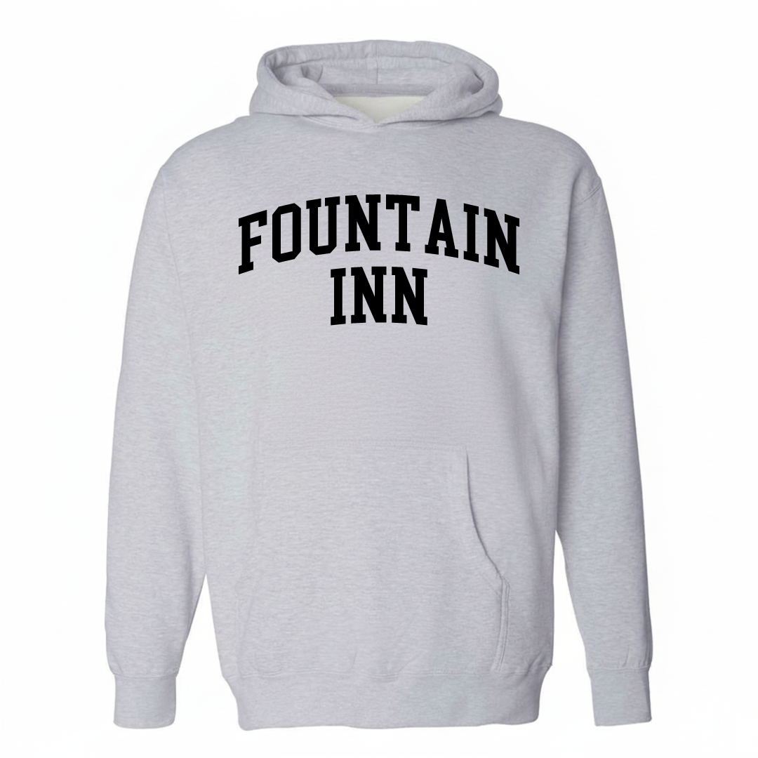 Heather-gray hoodie with the Fountain Inn varsity arched lettering design on the chest.