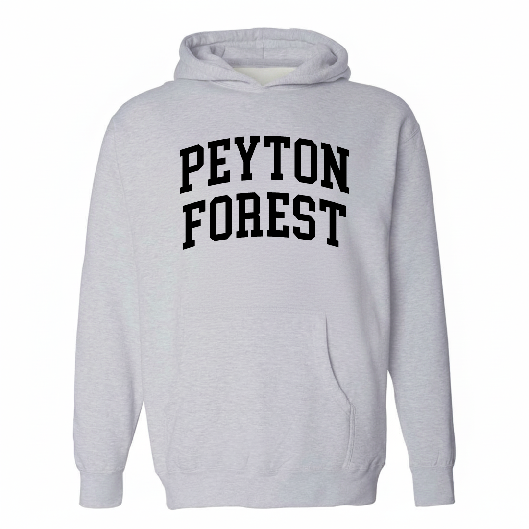 Heather-gray hoodie with the Peyton Forest varsity arched lettering design on the chest.