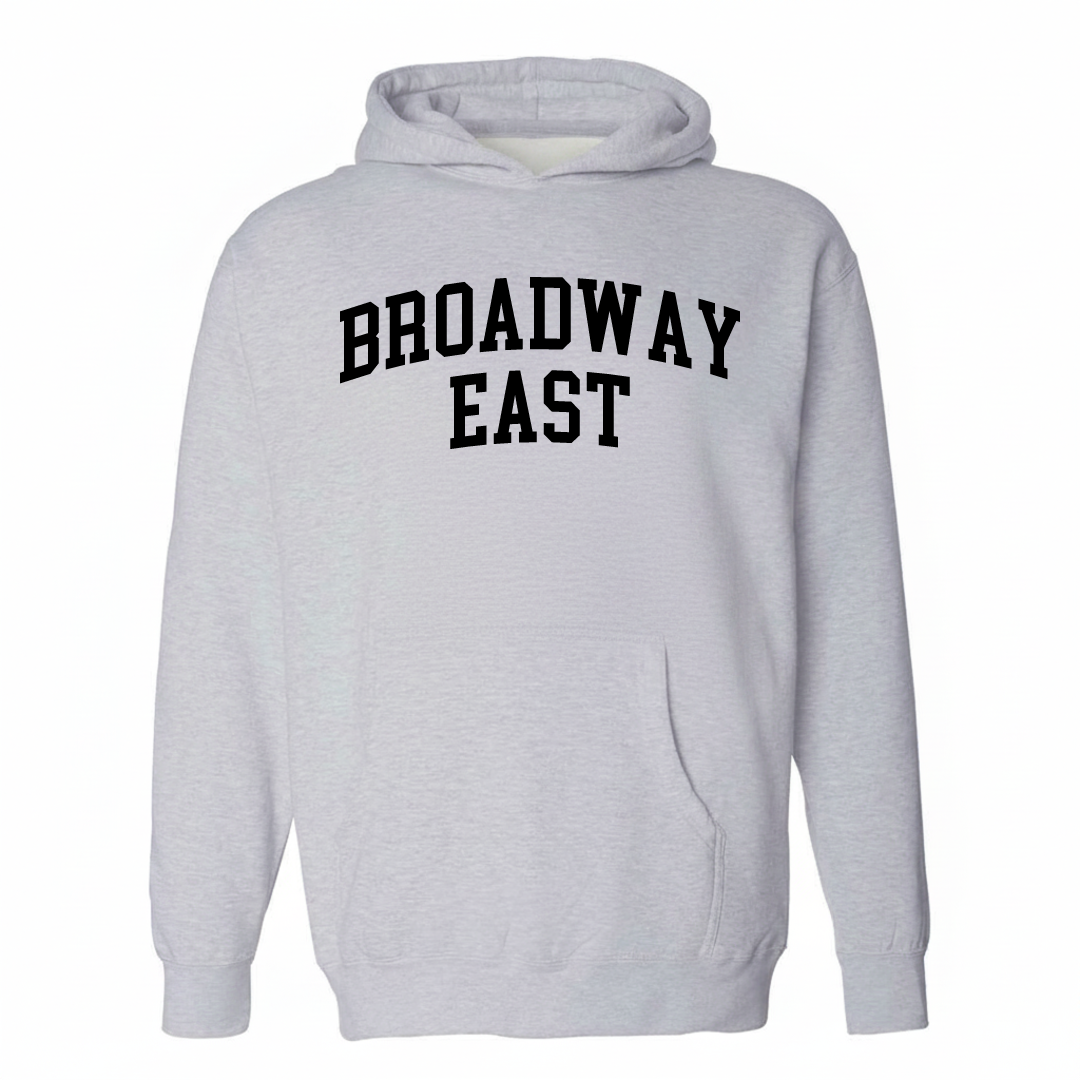 Heather-gray hoodie with the Broadway East arched lettering design on the chest.