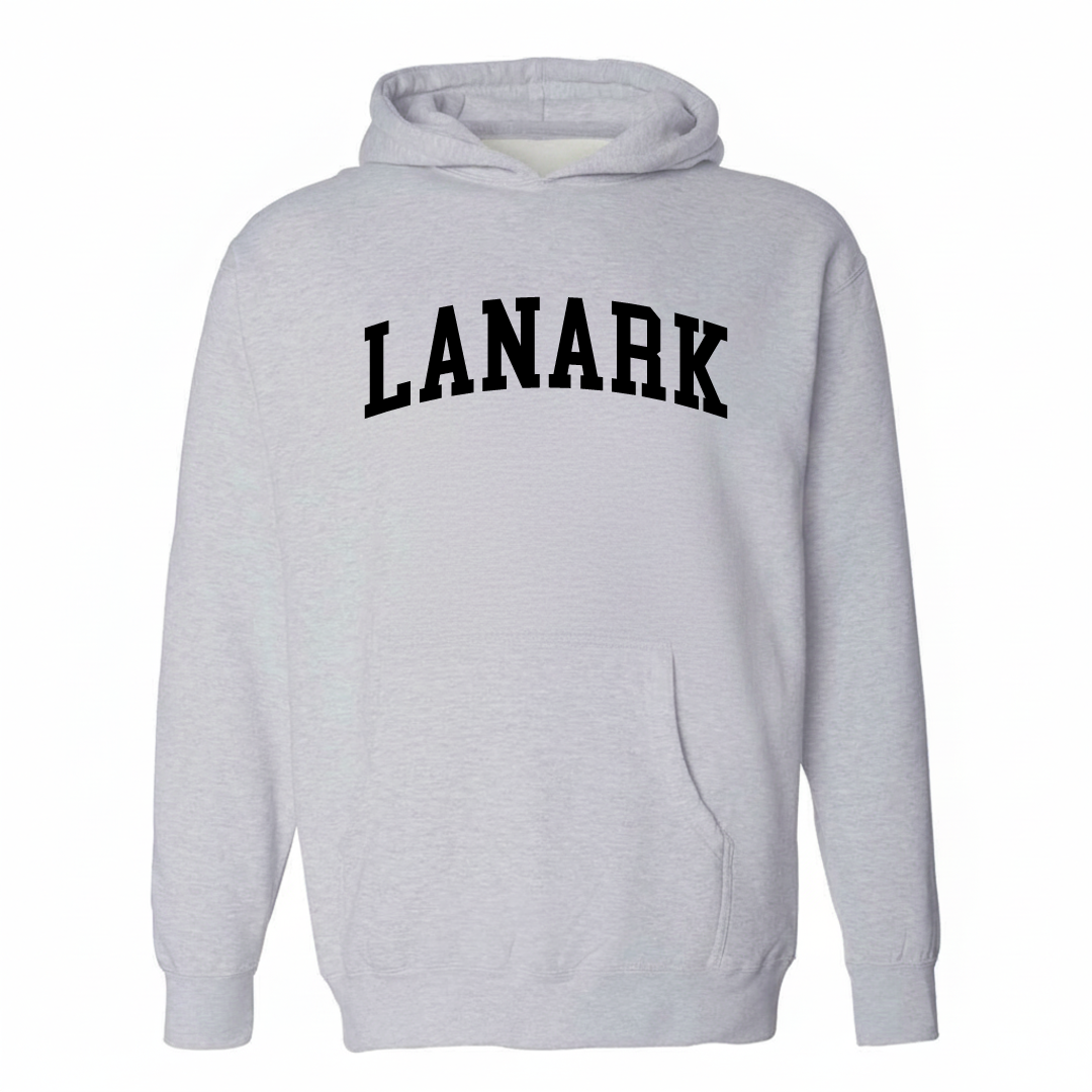 Heather-gray hoodie with the Lanark varsity arched lettering design on the chest.