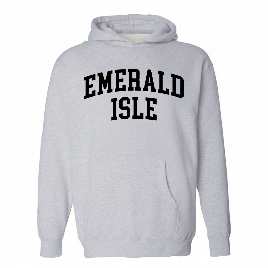 Heather-gray hoodie with the Emerald Isle arched varsity lettering design on the chest.