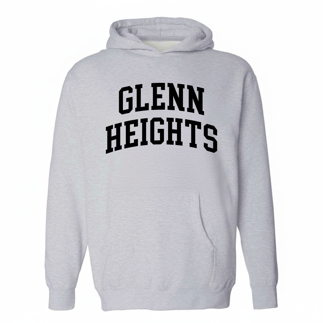 Heather-gray hoodie with the Glenn Heights varsity arched lettering design on the chest.