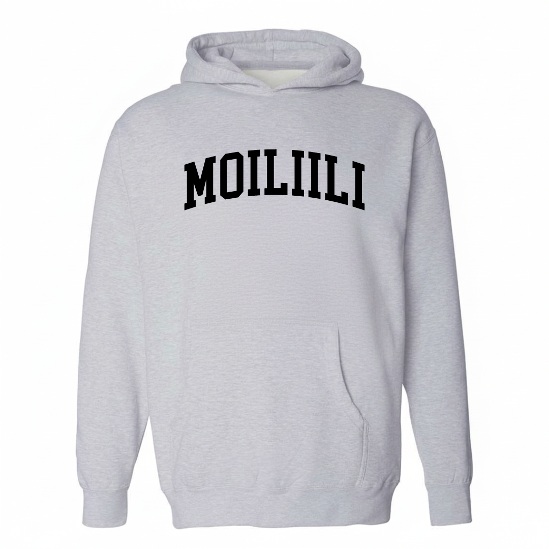 Heather-gray hoodie with the Mōʻiliʻili arched varsity lettering design on the chest.