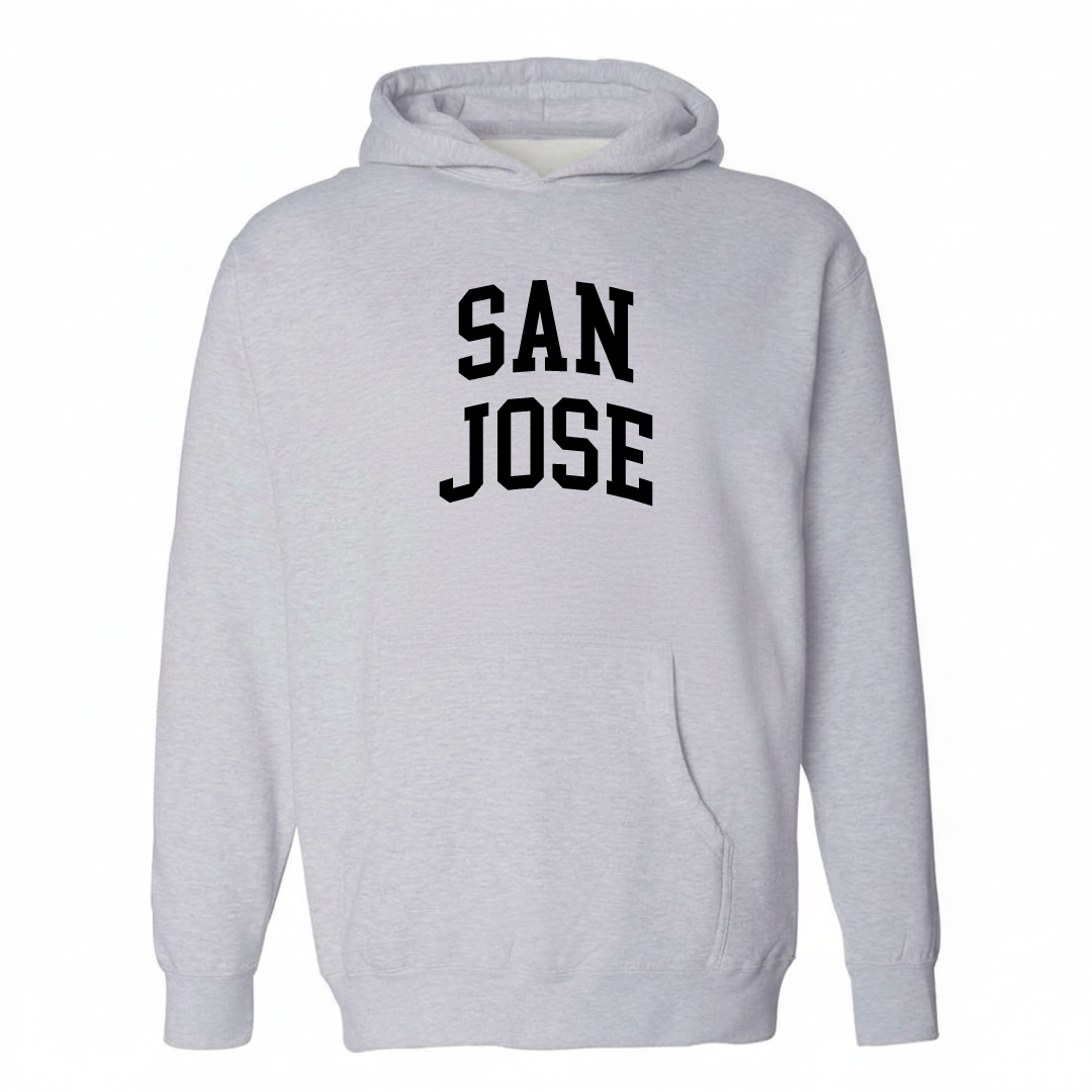 Heather-gray hoodie with the San Jose Jacksonville varsity arched lettering design on the chest.