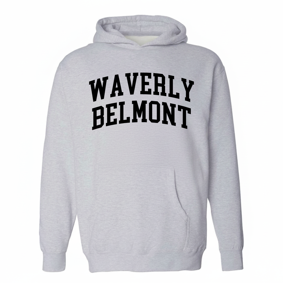 Heather-gray hoodie with the Waverly-Belmont arched varsity lettering design on the chest.