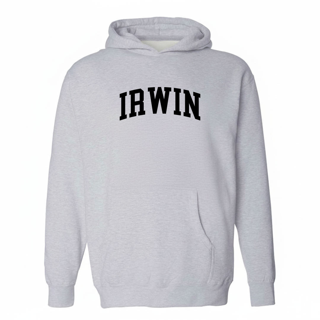 Heather-gray hoodie with the Irwin arched varsity lettering design on the chest.