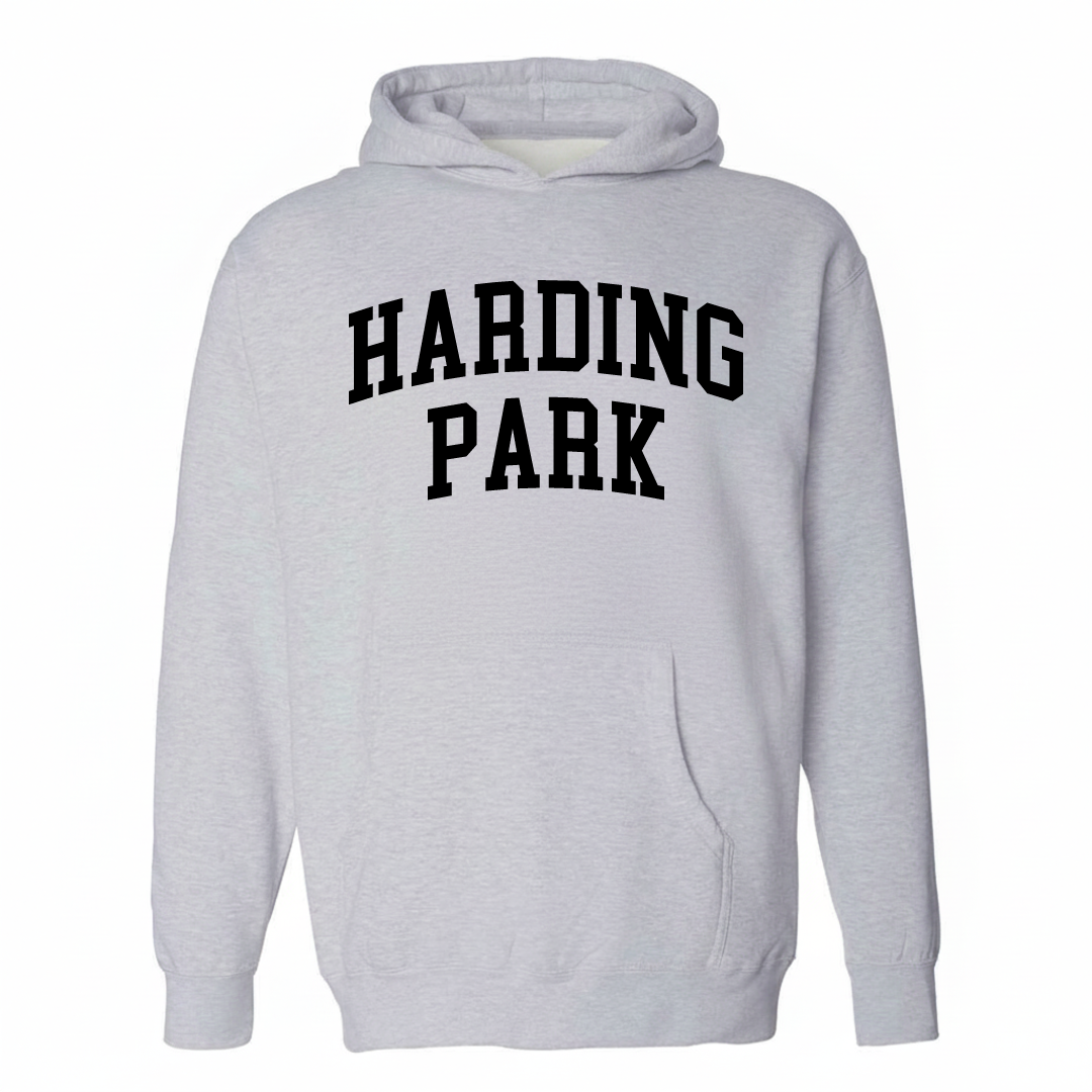 Heather-gray hoodie with the Harding Park varsity arched lettering design on the chest.