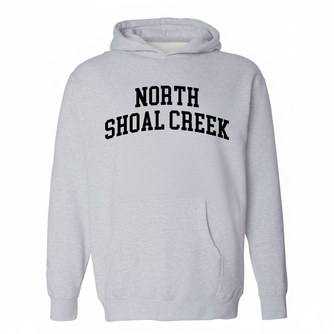 Heather-gray hoodie with the North Shoal Creek varsity arched lettering design on the chest.