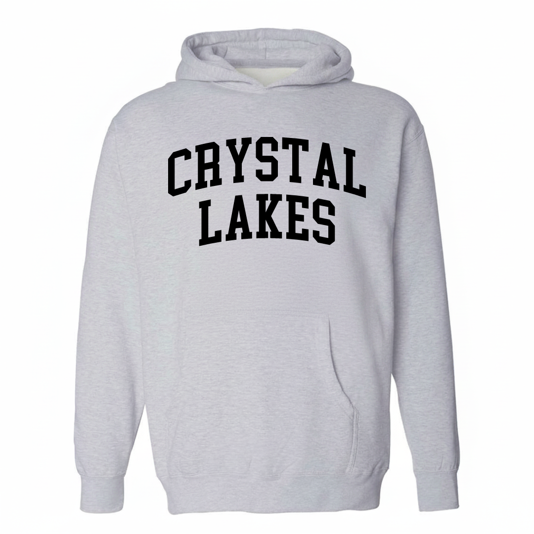 Heather-gray hoodie with the Crystal Lakes arched lettering design on the chest.