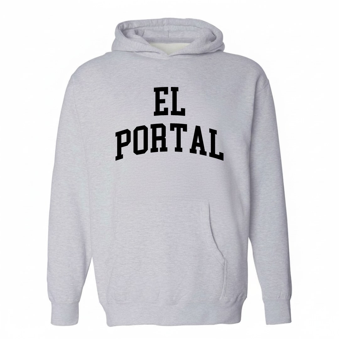 Heather-gray hoodie with the El Portal arched varsity lettering design on the chest.