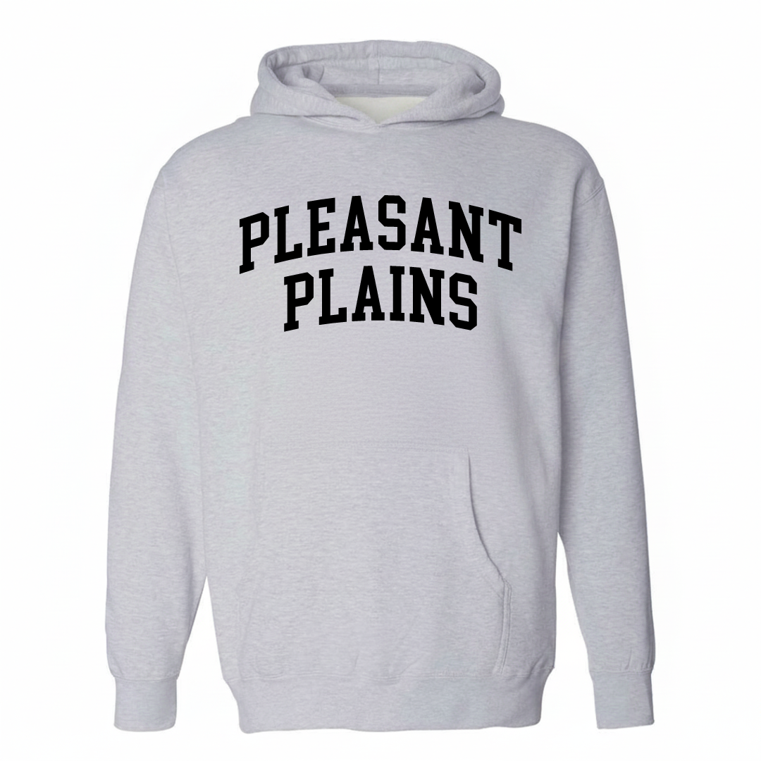 Heather-gray hoodie with the Pleasant Plains varsity arched lettering design on the chest.