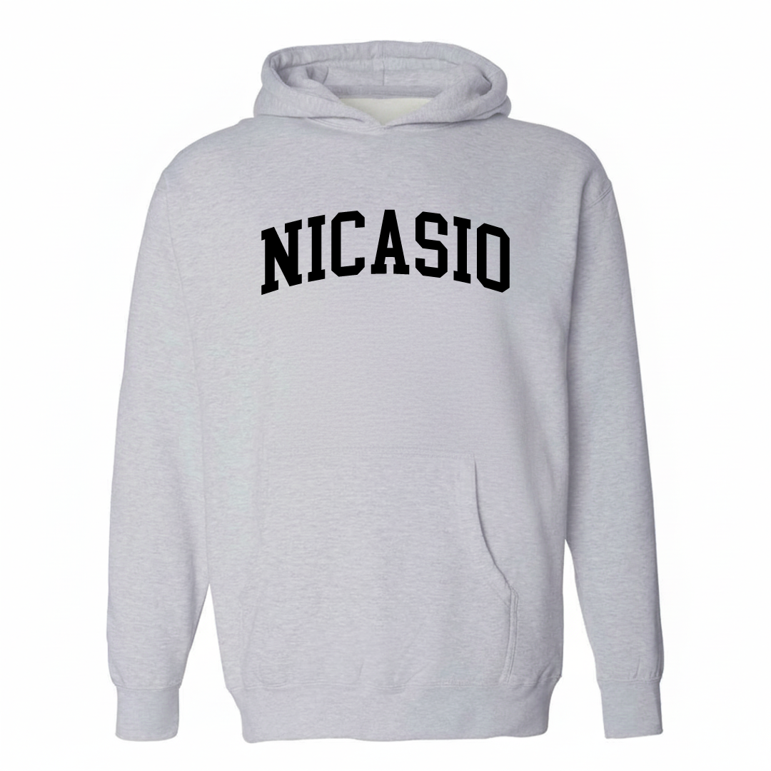 Heather-gray hoodie with the Nicasio varsity arched lettering design on the chest.