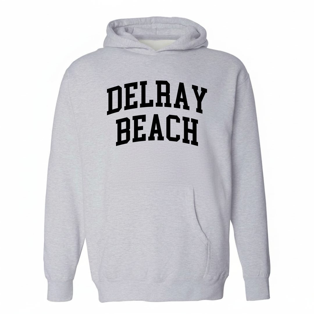 Heather-gray hoodie with the Delray Beach varsity arched lettering design on the chest.
