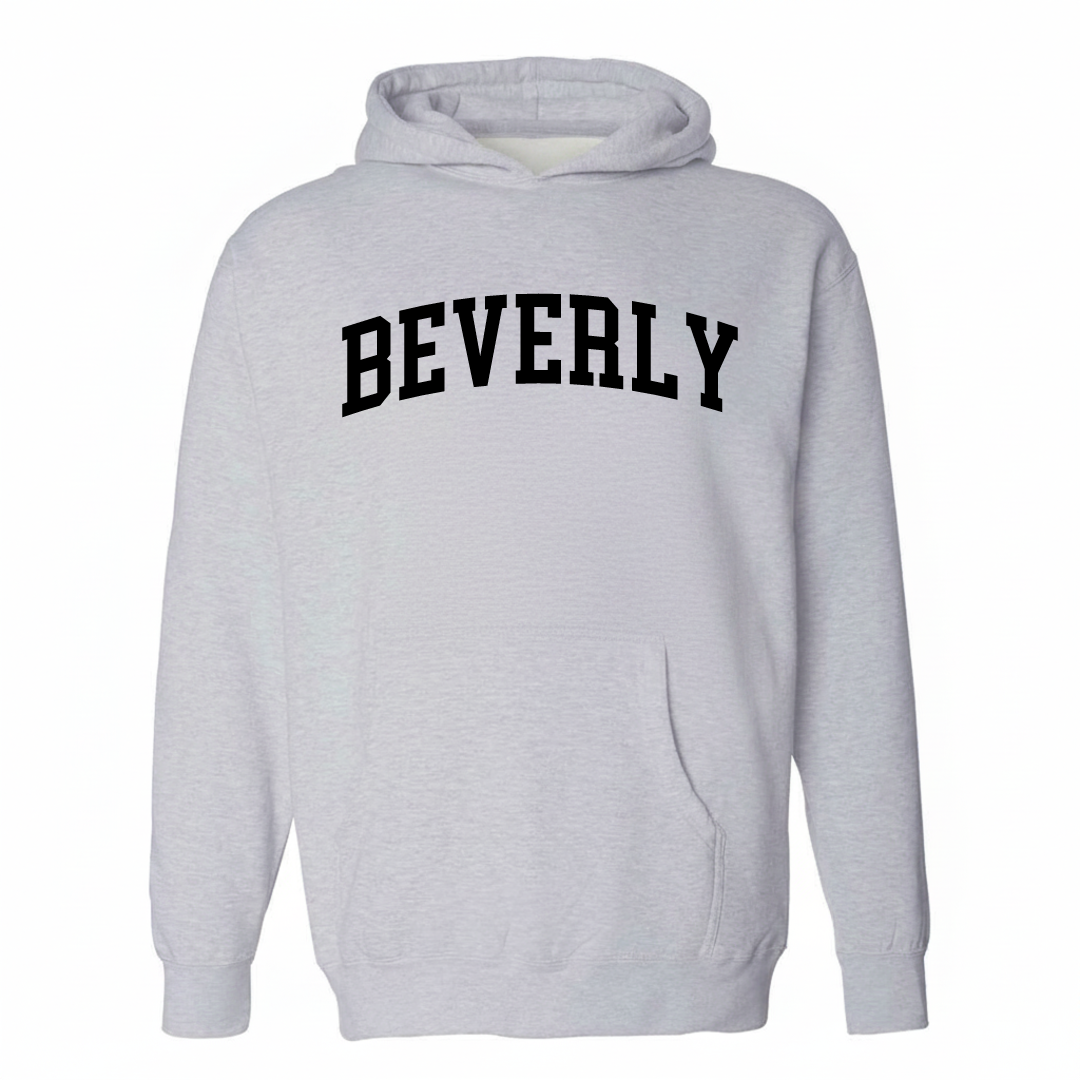 Heather-gray hoodie with the Beverly MA arched varsity lettering design on the chest.