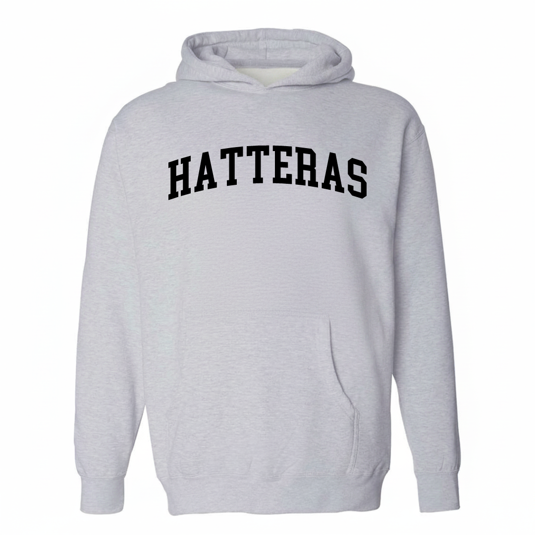 Heather-gray hoodie with the Hatteras arched varsity lettering design on the chest.
