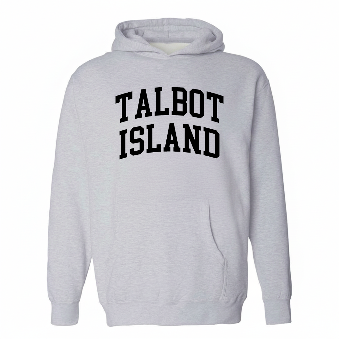 Heather-gray hoodie with the Talbot Island varsity arched lettering design on the chest.