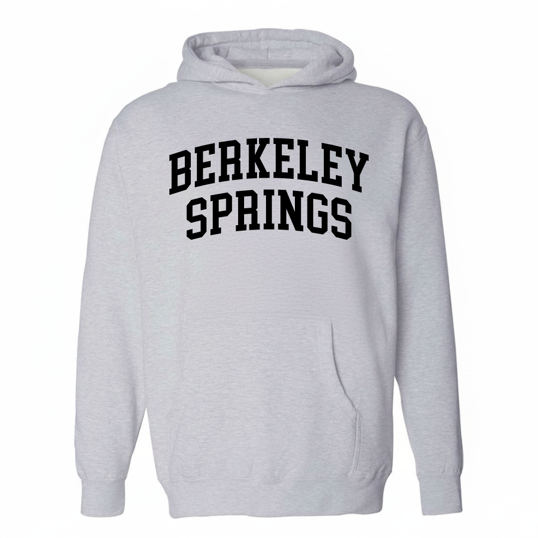 Heather-gray hoodie with the Berkeley Springs arched lettering design on the chest.