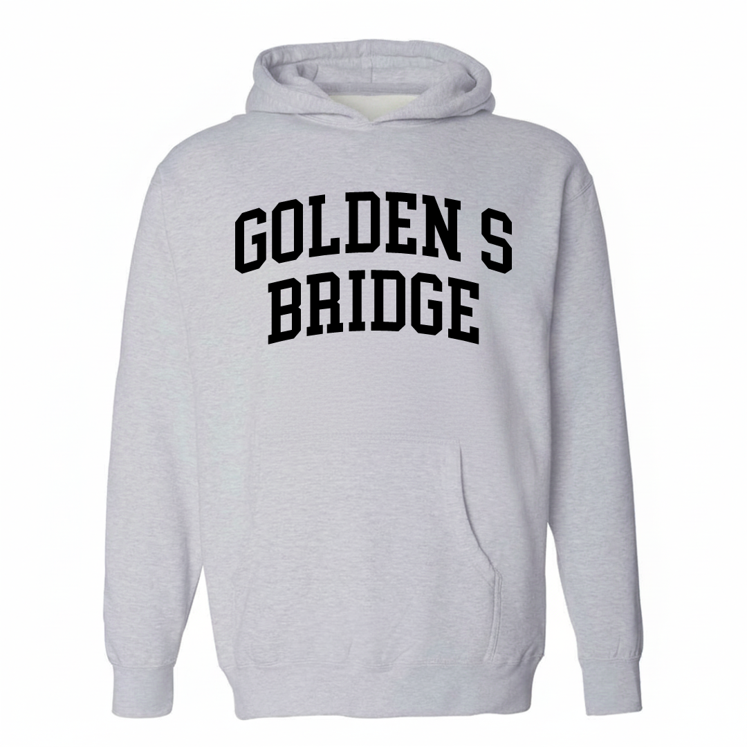 Heather-gray hoodie with the Goldens Bridge varsity arched lettering design on the chest.