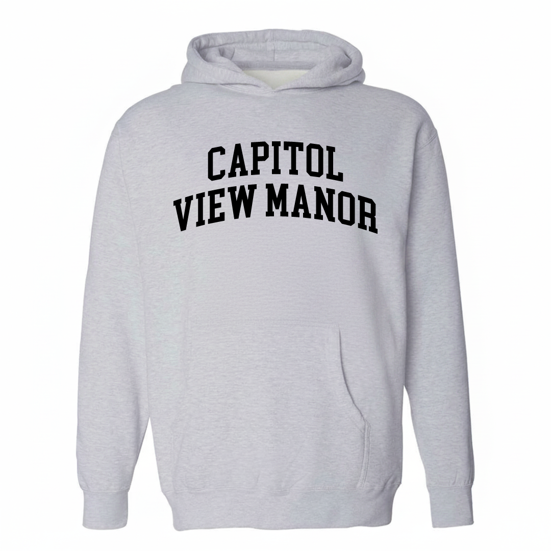 Heather-gray hoodie with the Capitol View Manor varsity arched lettering design on the chest.