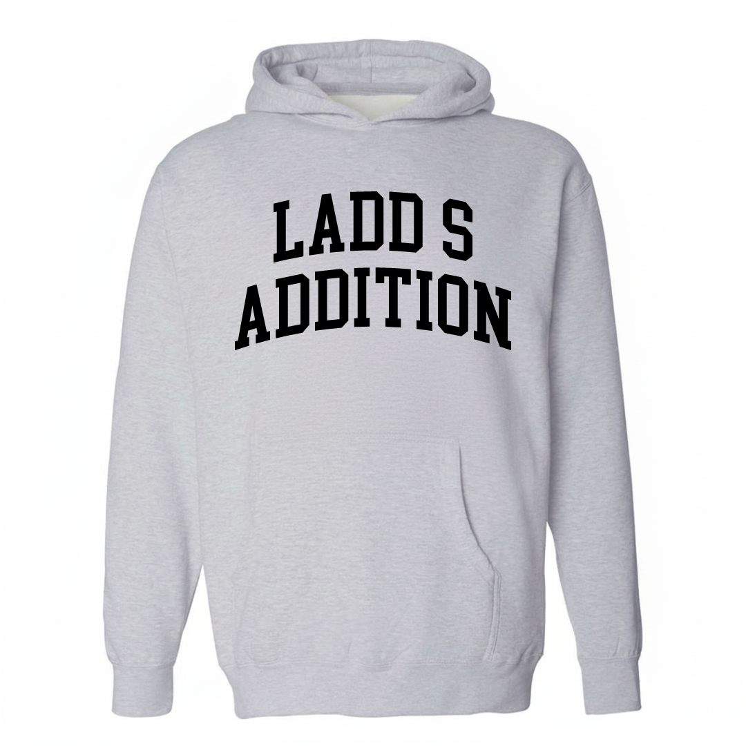 Heather-gray hoodie with the Ladd's Addition varsity arched lettering design on the chest.