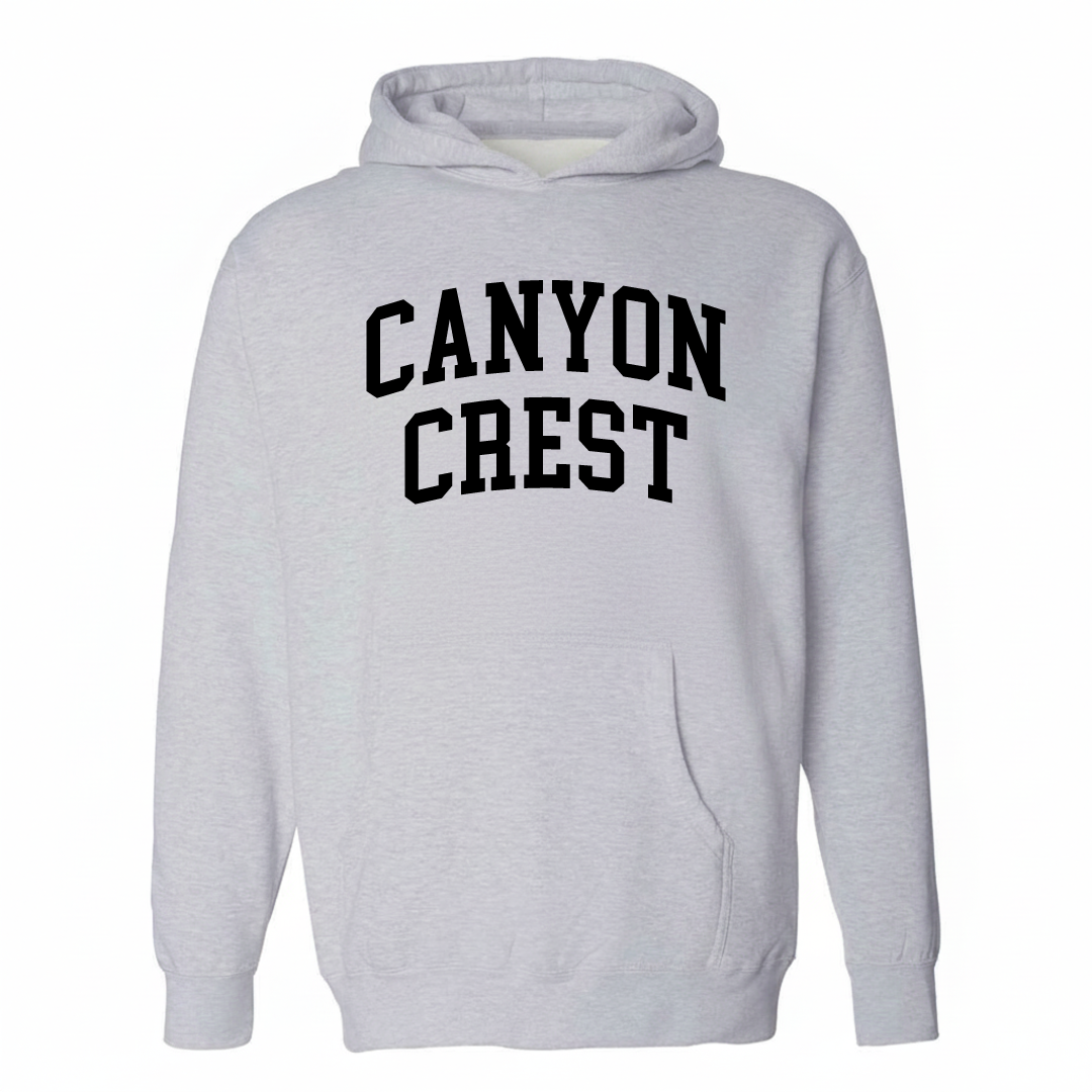 Heather-gray hoodie with the Canyon Crest varsity arched lettering design on the chest.
