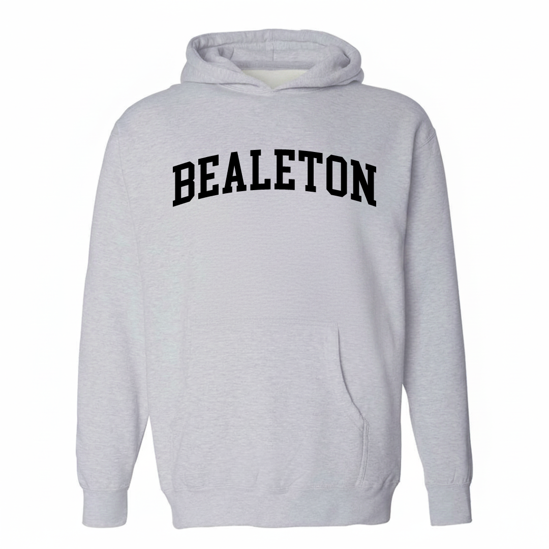 Heather-gray hoodie with the Bealeton varsity arched lettering design on the chest.