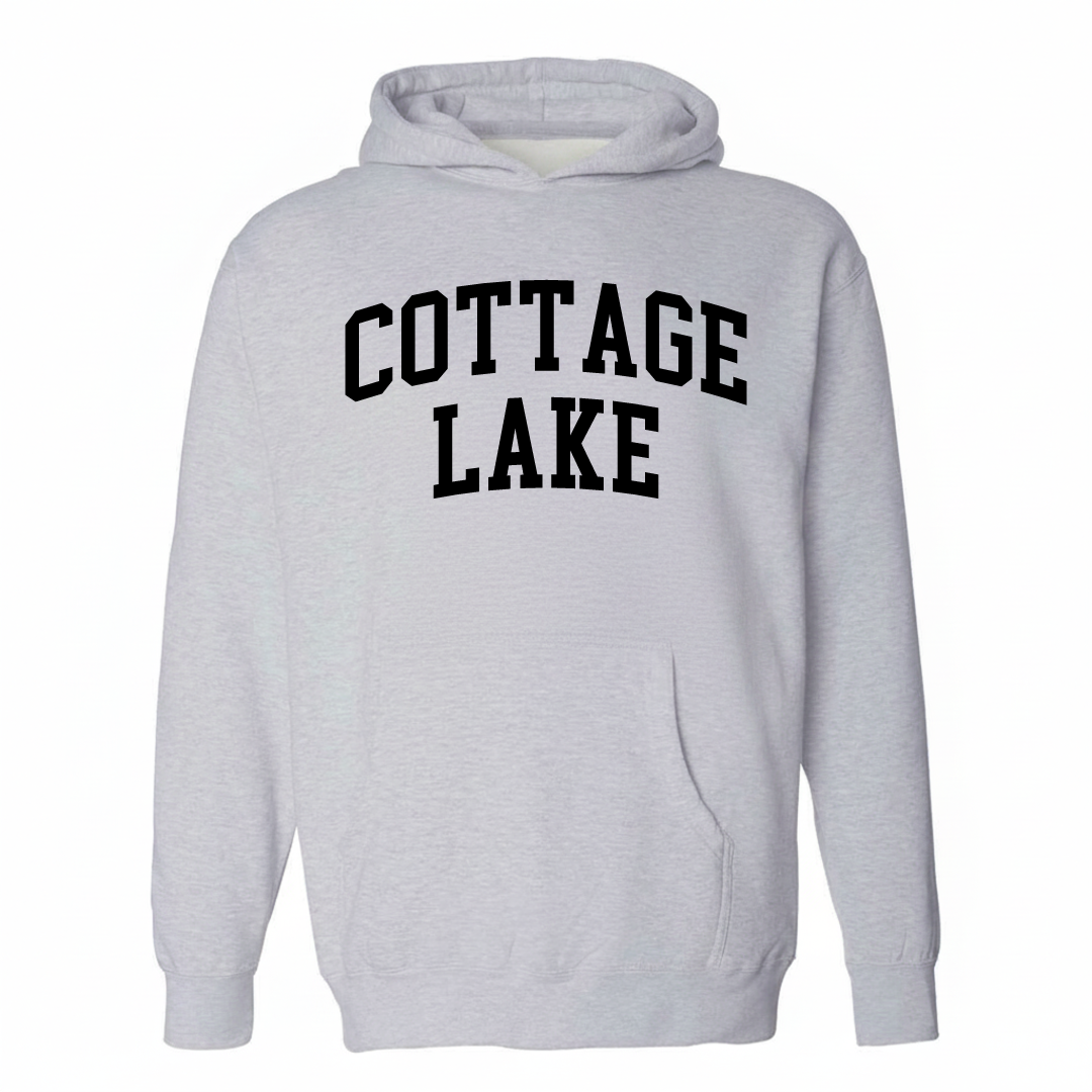Heather-gray hoodie with the Cottage Lake varsity arched lettering design on the chest.