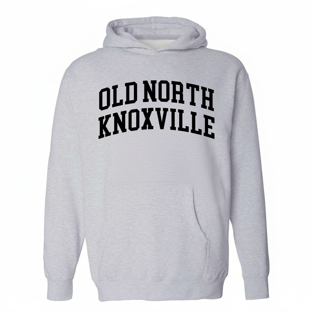 Heather-gray hoodie with the Old North Knoxville varsity arched lettering design on the chest.