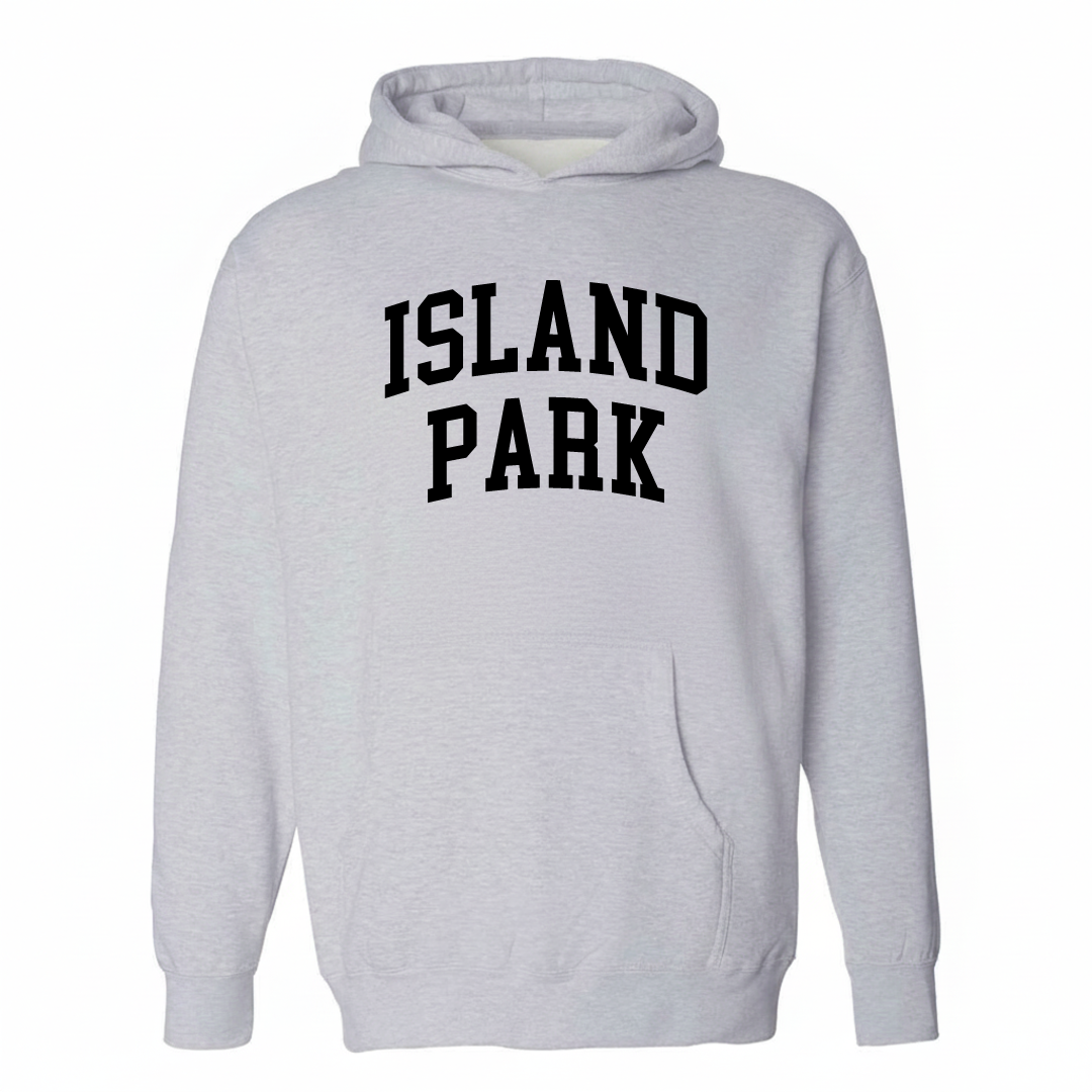 Heather-gray hoodie with the Island Park varsity arched lettering design on the chest.