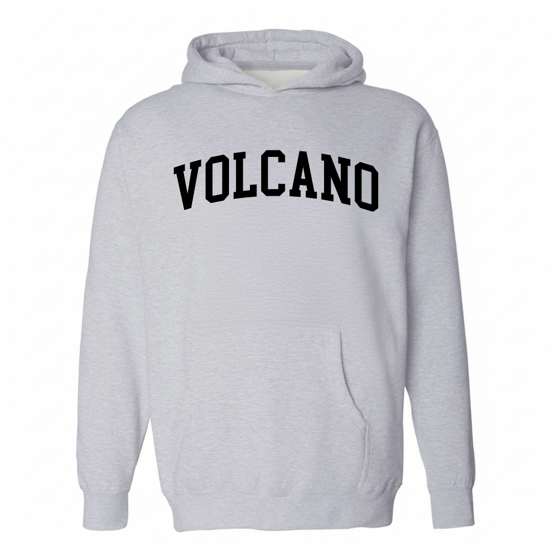 Heather-gray hoodie with the Volcano arched varsity lettering design on the chest.
