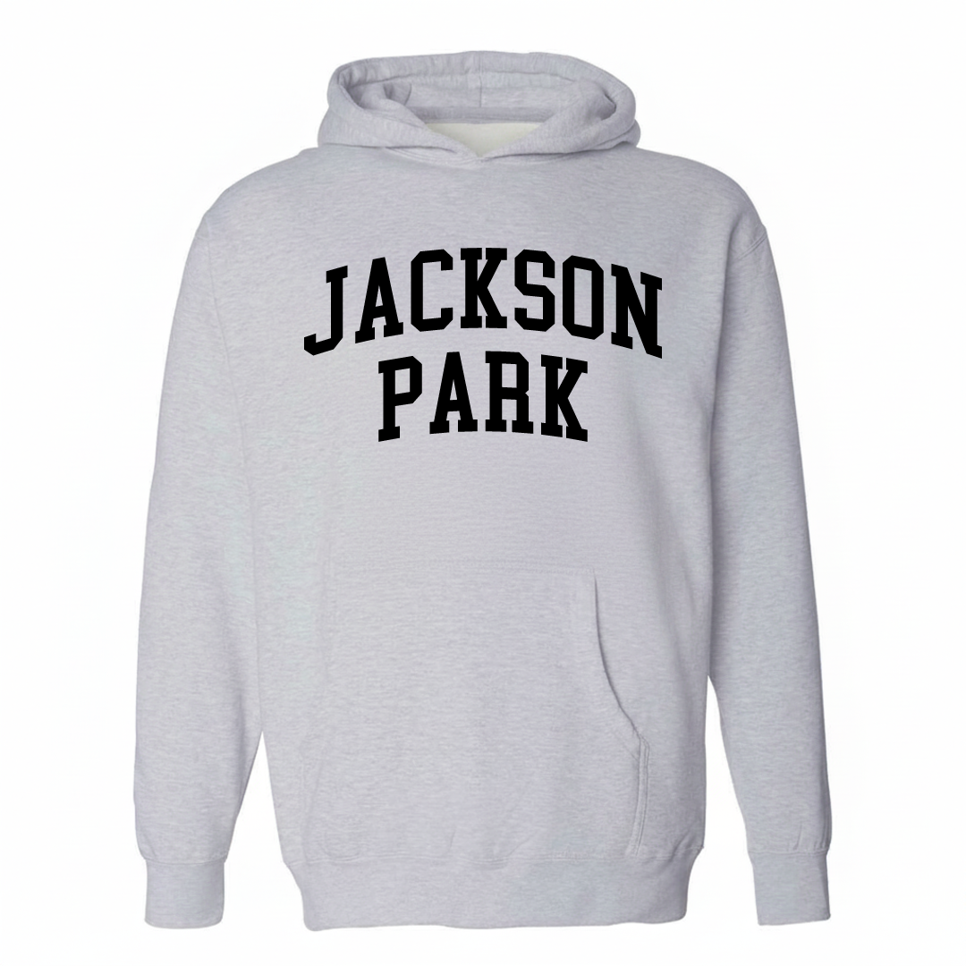 Heather-gray hoodie with the Jackson Park arched lettering varsity-collegiate design on the chest.