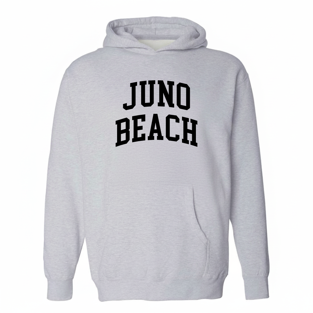 Heather-gray hoodie with the Juno Beach arched lettering design on the chest.