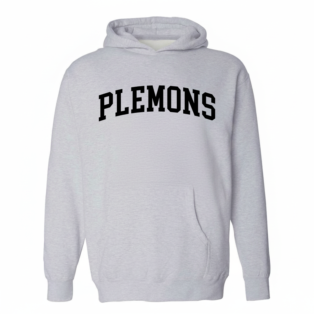 Heather-gray hoodie with the Plemons varsity arched lettering design on the chest.