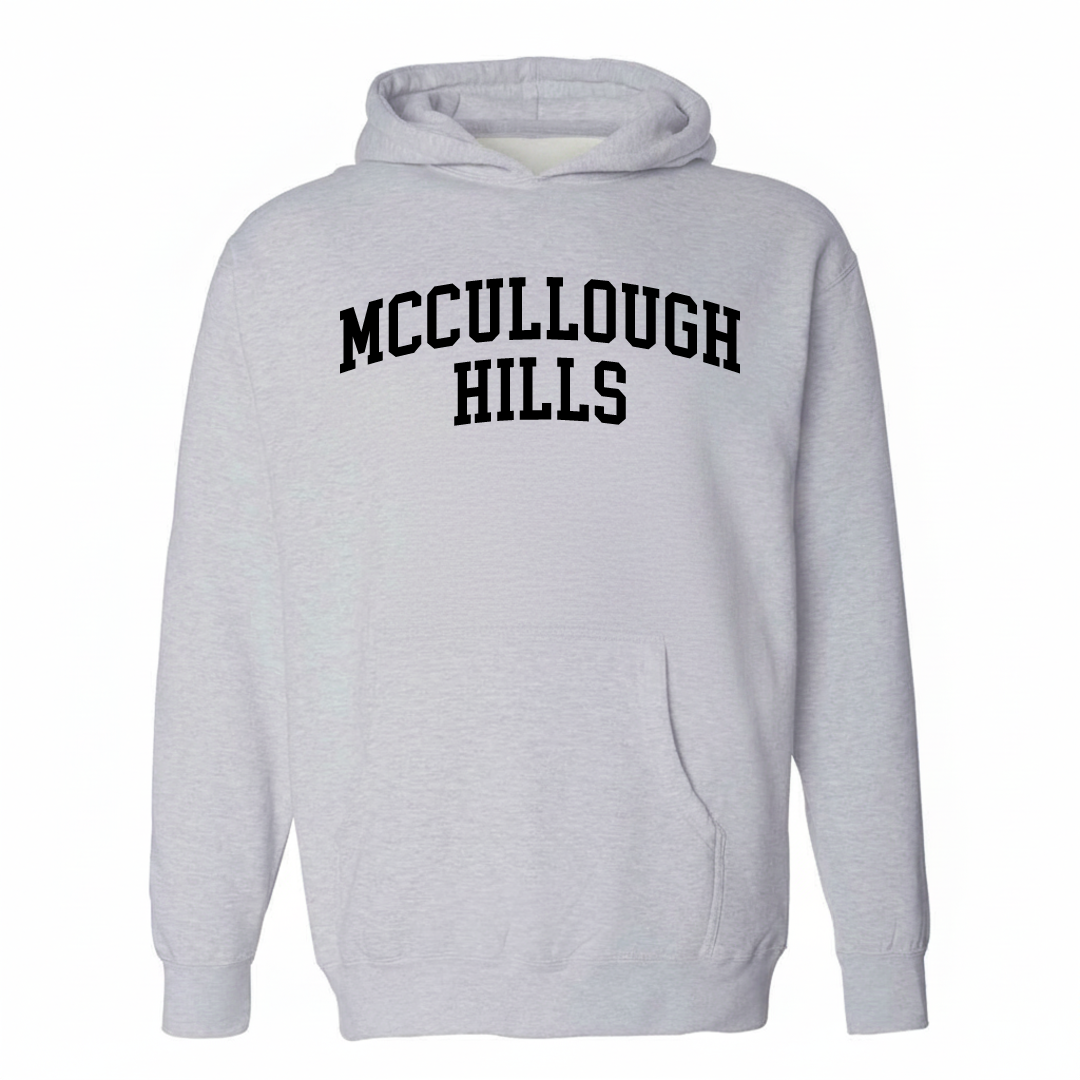 Heather-gray hoodie with the McCullough Hills varsity arched lettering design on the chest.