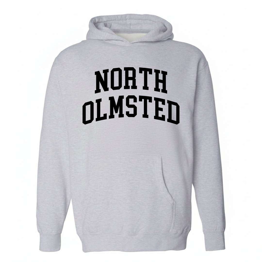 Heather-gray hoodie with the North Olmsted varsity arched lettering design on the chest.