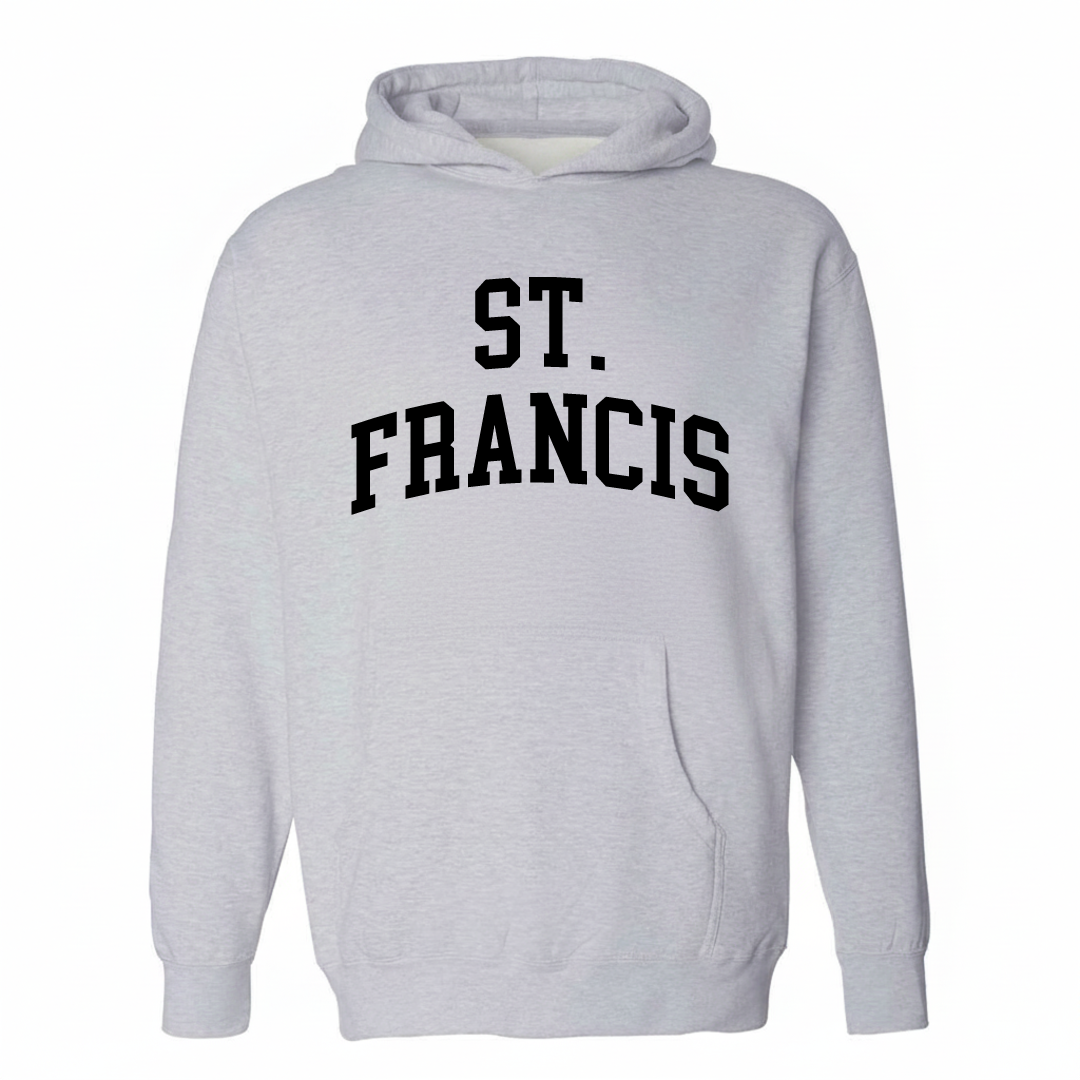 Heather-gray hoodie with the St. Francis varsity arched lettering design on the chest.