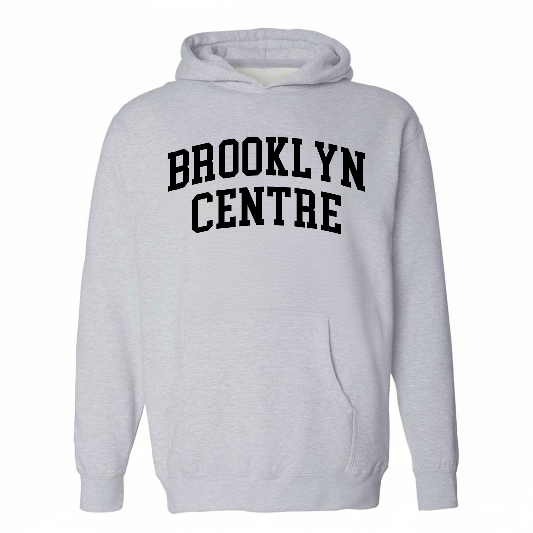 Heather-gray hoodie with the Brooklyn Centre arched lettering varsity-collegiate design on the chest.