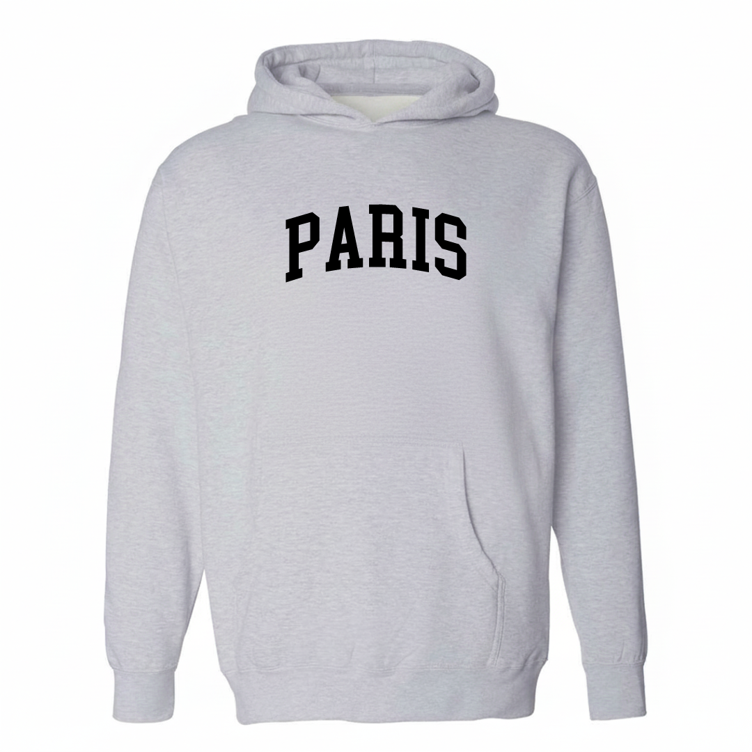 Heather-gray hoodie with the Paris, Maine varsity arched lettering design on the chest.