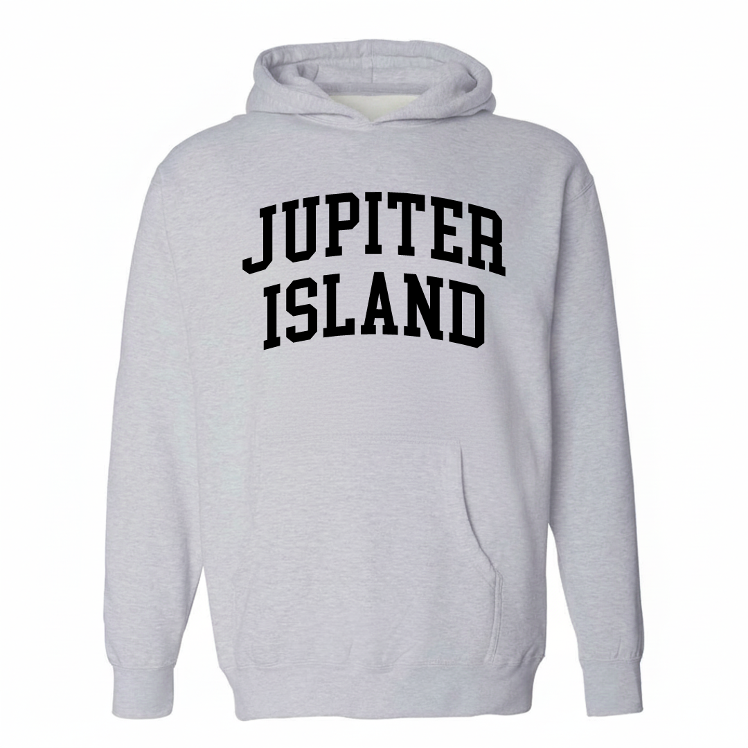 Heather-gray hoodie with the Jupiter Island varsity arched lettering design on the chest.
