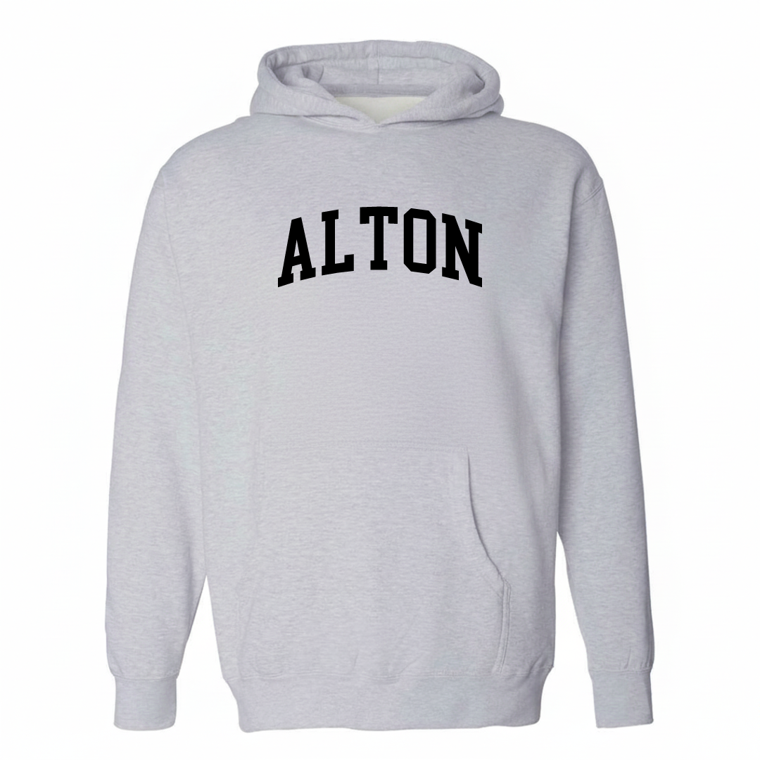 Heather-gray hoodie with the Alton varsity arched lettering design on the chest.