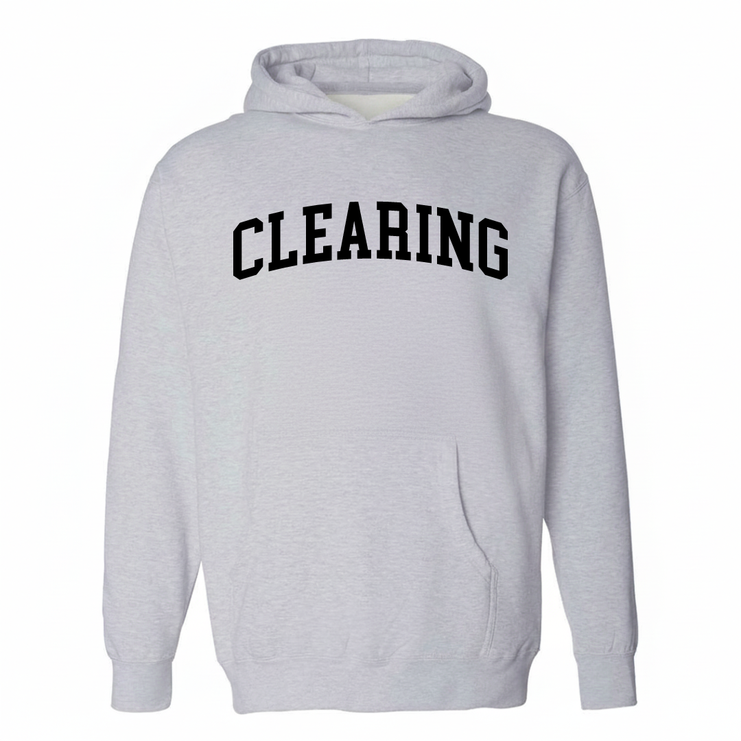 Heather-gray hoodie with the Clearing Chicago varsity arched lettering design on the chest.