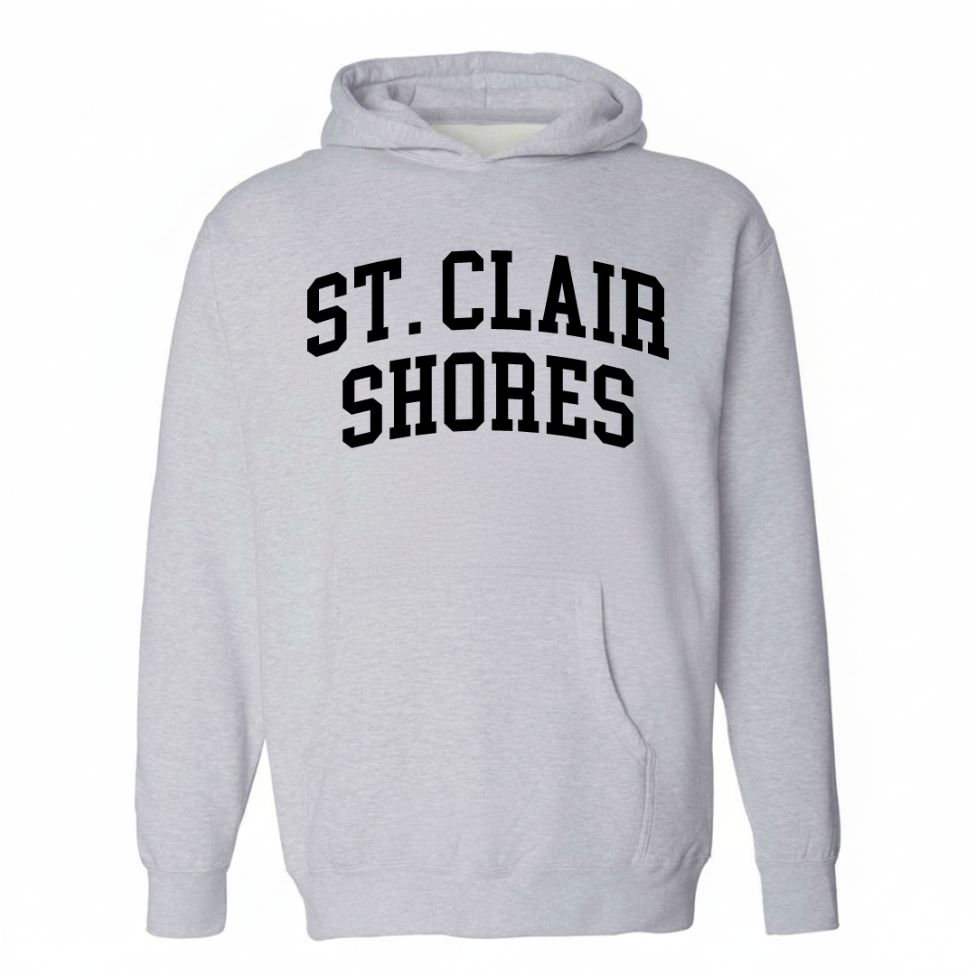 Heather-gray hoodie with the St. Clair Shores varsity arched lettering design on the chest.